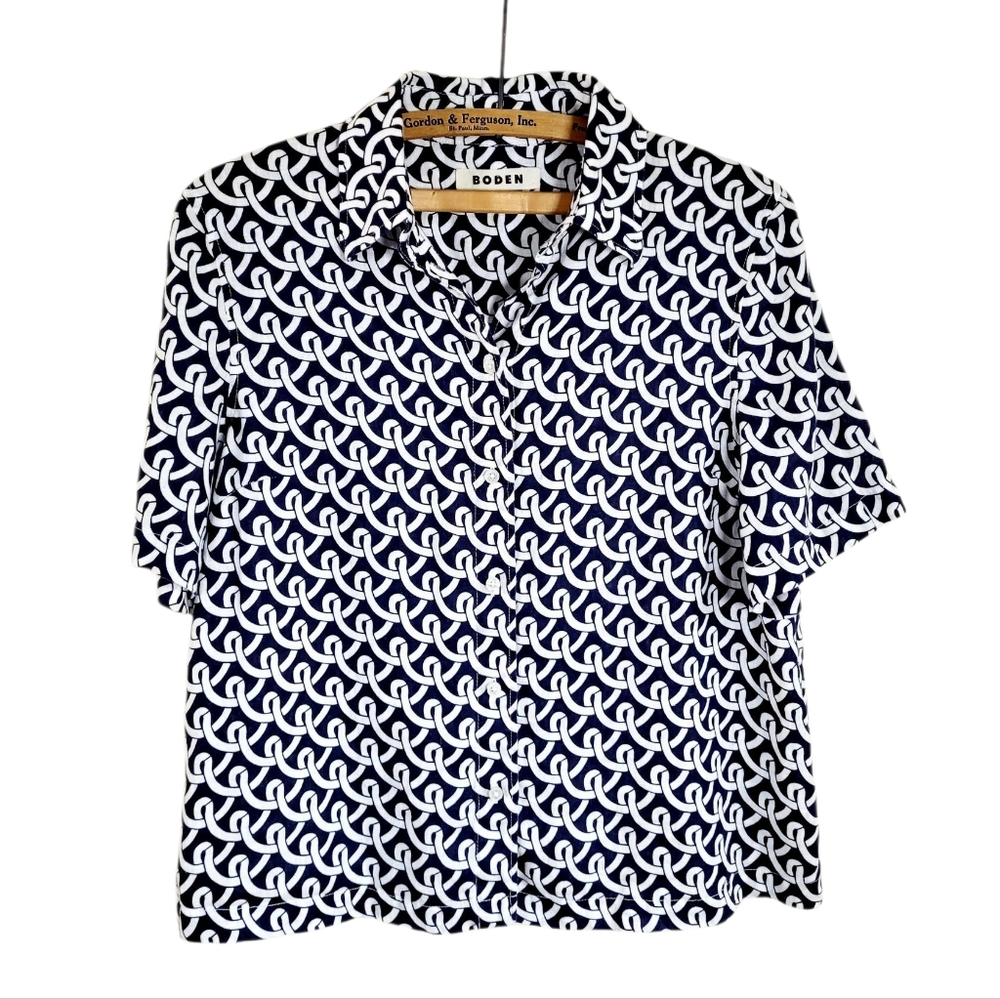 BODEN Hazel Short Sleeve Linen Shirt In Navy Blue White Geo Terrace Print Size 6 - Picture 9 of 10